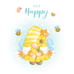 Bee happy with cute gnome and bees, Digital paint vector illustration.