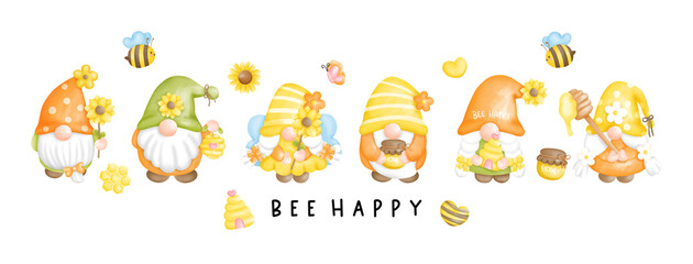 Happy Bee Gnome Banner, Digital paint. Vector illustration.