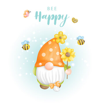 Bee happy with cute gnome and bees, Digital paint vector illustration.
