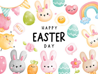 Happy Easter card with cute rabbit and Easter Egg, Vector illustration. 