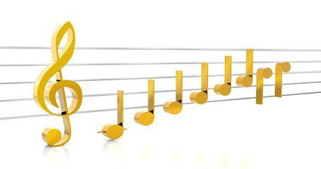 3D illustration of diatonic scales (Do, Re, Mi, Fa, Sol, La, Si, Do) with notes using shiny gold...