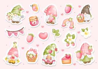 Strawberry gnomes sticker, planner and scrapbook. Vector illustration