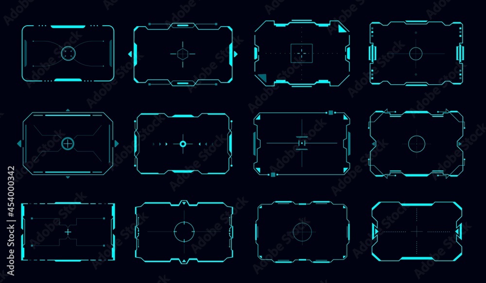 Poster HUD target frames and aim control panel vector borders, Sci Fi game user interface or gui. Futuristic digital head up display target screen frame with blue neon borders and aiming crosshairs