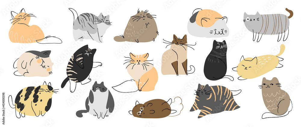 Wall mural cute and funny cats doodle vector set. cartoon cat or kitten characters design collection with flat  - Wall murals