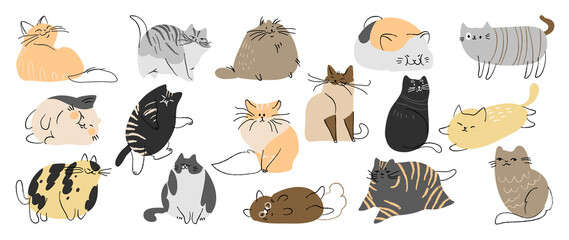 Cute and funny cats doodle vector set. Cartoon cat or kitten characters design collection with flat color in different poses. Set of purebred pet animals isolated on white background. - obrazy, fototapety, plakaty