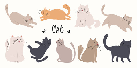 Cute and funny cats doodle vector set. Cartoon cat or kitten characters design collection with flat color in different poses. Set of purebred pet animals isolated on white background. - obrazy, fototapety, plakaty