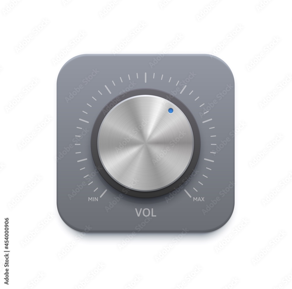 Poster Metallic music sound knob button icon. Stainless steel, chrome metal or aluminum volume control dial with scale from minimum to maximum. Amplifier, radio tuner sound level realistic vector button