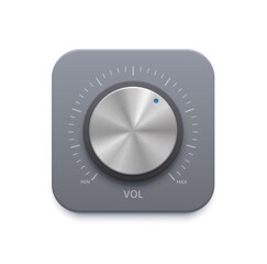 Metallic music sound knob button icon. Stainless steel, chrome metal or aluminum volume control dial with scale from minimum to maximum. Amplifier, radio tuner sound level realistic vector button