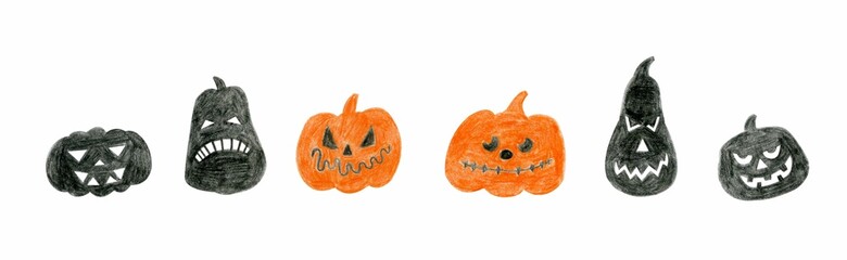 Set of halloween pumpkins, with carved faces silhouettes on white background. Autumn holidays.