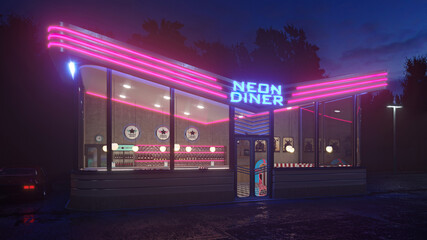 Retro diner interior with a tile floor, neon illumination, jukebox and art deco style bar stools. 3d illustration.