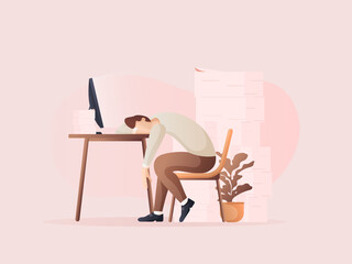 Men fell asleep on the table while working. Flat design Illustration about working on the table.