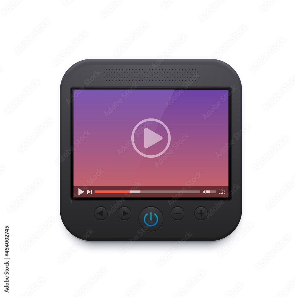 Poster Movie and video player interface icon, vector ui design, play button on screen, menu bar, slider, sound and settings navigation. Digital multimedia online content playing 3d sign for application