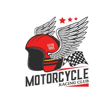 Racing helmet with wings icon. Motorcycle race, motocross or biker club, motorsport competition vintage emblem or vector icon with winged helmet, start and finish checkered flag