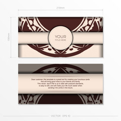 Luxurious Template for print design of postcards in Beige color with mandala patterns. Preparing an invitation with a place for your text and abstract ornament.