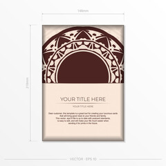 Luxurious Template for print design of postcards in Beige color with mandala patterns. Vector Preparation of invitation card with place for your text and abstract ornament.