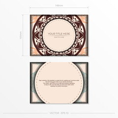 Luxurious vector design for postcard in Beige color with mandala ornament. Invitation card design with space for your text and abstract patterns.