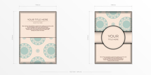 Preparing an invitation with a place for your text and abstract ornament. Luxurious Vector Template for Beige Color Print Design Postcard with Mandala Ornament.