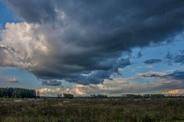 Fototapeta na wymiar A large rain cloud over an autumn field