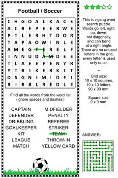 Football zigzag word search puzzle. Answer included.
