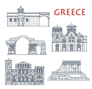 Greece architecture, antique Greek buildings, vector travel landmarks. Panagia Chalkeon and St Demetrius church in Thessaloniki, Vlatades monastery, Knossos palace in Crete and Emperor Galerius Arch