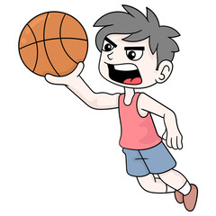 basketball player boy doing a slam dunk move, doodle icon image kawaii © Popular Vector