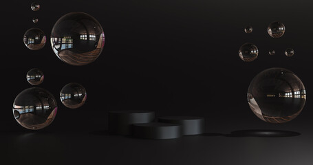 cosmetic product display stand with transparent sphere on black background in 3d