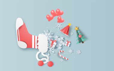 Top view of Christmas red sock decoration with white snowflakes. Graphic design for Christmas and winter.