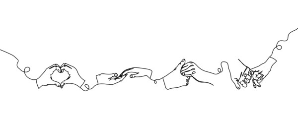 Hand gestures one line set art. Continuous line drawing of gesture, love, friendship, love, support, like.