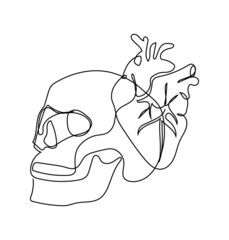 Human skull and heart one line set art. Continuous line drawing of internal organs.