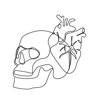 Human skull and heart one line set art. Continuous line drawing of internal organs.