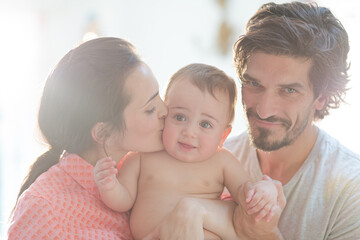 Parents kissing baby boy's cheeks