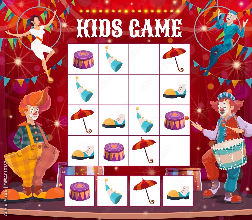 Poster kids maze game with circus clowns. sudoku vector riddle with cartoon shapito items trapeze, hat, boo