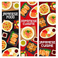 Japanese cuisine food banners, Asian dishes and meals, vector restaurant menu. Japanese traditional lunch and meal food bowls of udon noodles, seafood rice and omelette rolls with eel and matcha tea