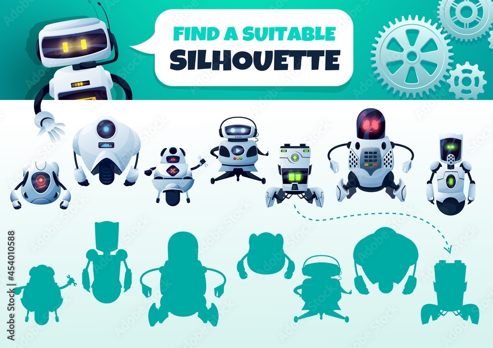 Leinwandbilder robot maze game find a correct silhouette. kids shadow match vector riddle with cyborgs. children lo