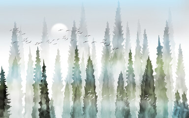 Fototapety  Foggy forest with tall trees full moon and flocks of birds