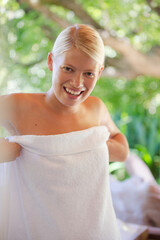 Woman wearing towel outdoors