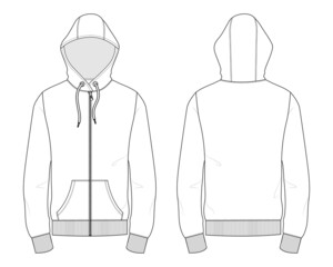 Long sleeve hoodie With zipper technical fashion Drawing flat sketch template front and back view. Cotton fleece fabric dress design vector illustration mock up jacket CAD. Easy edit and customizable. © ClothingArtStudio 