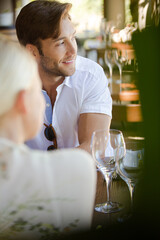 Couple talking in restaurant