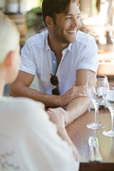 Couple talking in restaurant