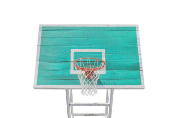 Old basketball hoop on green pad isolated on white background, clipping path for design usage purpose..