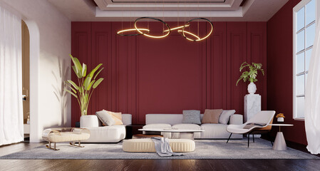 3d rendering,3d illustration,Interior Scene and Mockup,Modern luxury living room with bright red walls.