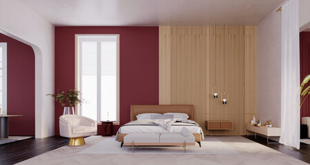 3d rendering,3d illustration,Interior Scene and Mockup,Modern Luxurious Bedroom Cheuri red wall and wood.