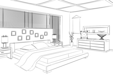 3d bedroom graphical interior with black white sketch. linear sketch.