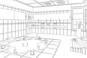 3d Bathroom graphical interior with black white sketch. linear sketch.