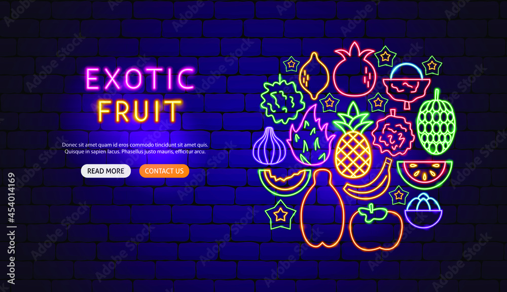 Wall mural exotic fruit neon banner design. vector illustration of tropical promotion.