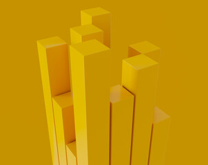 Abstract geometric composition, yellow background design with rectangular shape bars. 3D rendering illustration. 