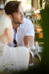 Couple talking in restaurant