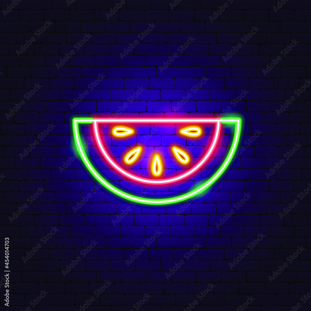 Poster watermelon slice neon sign. vector illustration of fruit promotion.