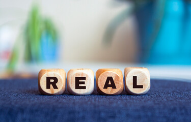 Real word on wooden cubes on a blur background. Real estate business concept.