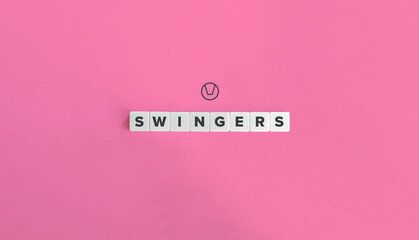 Swingers banner, symbol and concept. Block letters on pink background. Minimal aesthetics.